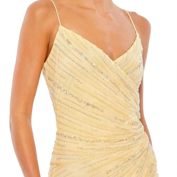 Mac Duggal Yellow Beaded Sequin Gown – Deep V Wrap Slit Formal Prom Dress NWOT - Picture 4 of 16